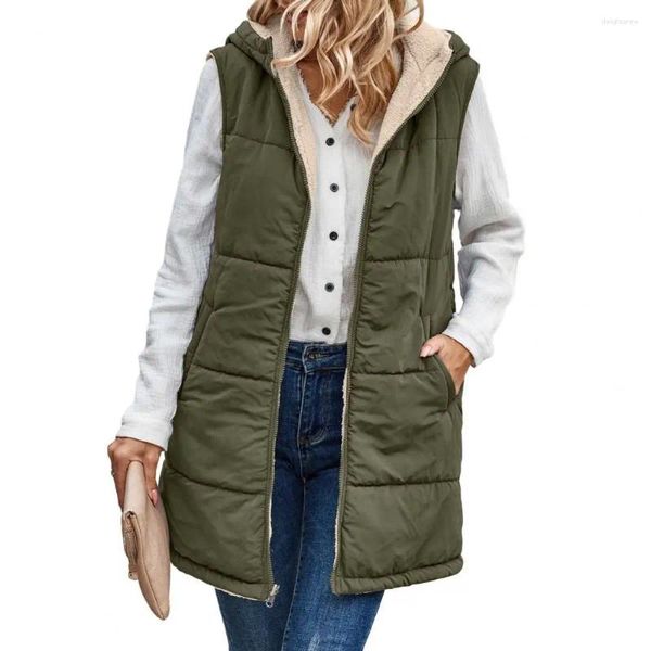 Gilets pour femmes automne hiver gilet réversible veste manteau à capuche sans manches polaire femmes mi-longueur gilet long vêtements d'extérieur