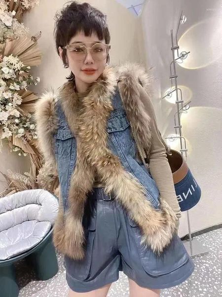 Gilets pour femmes automne/hiver sans manches en fausse fourrure épaissie manteau en coton chaud gilet court Denim Patchwork veste en jean