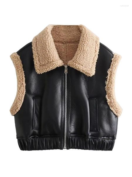 Gilets pour femmes Automne Hiver Gilet Femmes Casual Col Turn-Down Sans manches Femme Faux Cuir Laine d'agneau Double face Débardeur Gilet