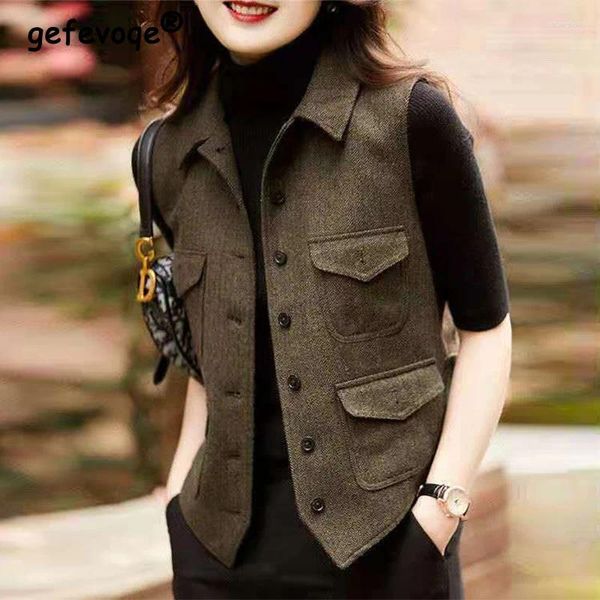 Gilets pour femmes Automne Hiver Vintage All-Match Gilet De Laine Dames Sans Manches Casual Mode Débardeur Femmes Solide Couleur Boutons Manteau Dame