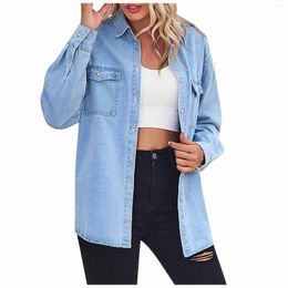 Gilet pour femmes Automne hiver vintage classique large manche longue mince mince chemise de denim de poche lâche