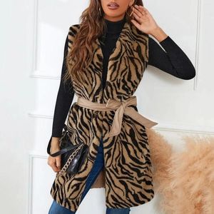 Gilets pour femmes automne hiver chaud imprimé léopard gilet vêtements gilet femmes décontracté en peluche Cardigan femme avec ceinture vestes