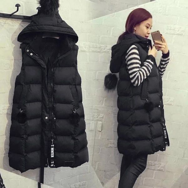 Chalecos de mujer Otoño Invierno Mujeres Negro Con capucha Parkas largas Chaleco Moda Cálido Abrigo Parka Señoras Chalecos sin mangas