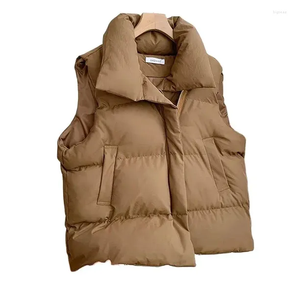 Chalecos de mujer Otoño Invierno Ropa de mujer Color sólido Agregar grueso abajo Chaleco de algodón Parka Stand Collar Sin mangas Mantener cálido Abrigo corto femenino