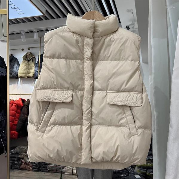 Gilets pour femmes Automne Hiver Femmes Légère Down Coton Gilet Blanc Beige Kaki Noir Col Montant Sans Manches Court Gilet