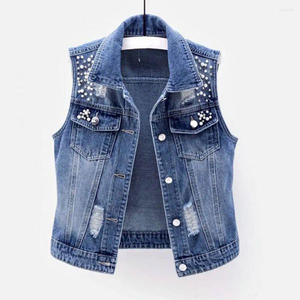 Gilets pour femmes, veste décorative en perles, gilet Vintage en Denim, coupe ample, simple boutonnage, Streetwear Hop pour l'automne/printemps