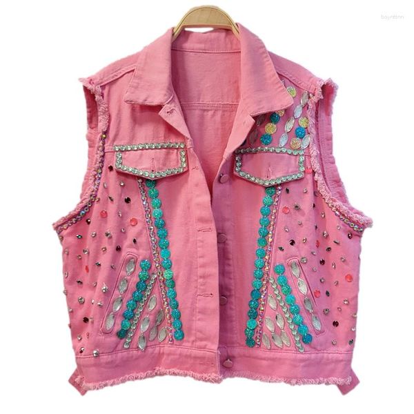 Gilets pour femmes Perles Diamants Denim Gilet Femmes Mode Lâche Court Cowboy Gilet Ourlet Effiloché Blanc Rose Sans Manches Jeans Veste Manteau