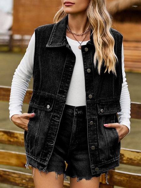 Gilets pour femmes Veste en jean noir Gilet Femmes Vintage Casual Sans manches Revers Jean Femme Automne Mode Lâche Simple Gilet Gilet