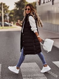 Gilets pour femmes noir à capuche simple boutonnage midi moto coton manteau gilet élégant rue manches cardigan hiver veste femmes chaud 230111