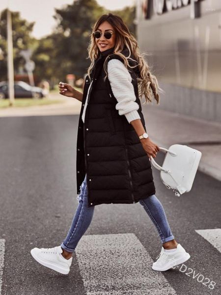 Gilets pour femmes noir à capuche simple boutonnage Midi moto coton manteau gilet élégant rue Hipster Cardigan hiver veste femmes 2023 chaud