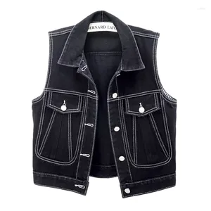 Gilets pour femmes Noir Blanc Stripe Denim Gilet Femmes Coréen Gilet Été Lâche Court Cowboy Veste Sans Manches Grande Poche Jeans Femme