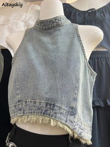 Damesvesten Gebleekte dames Cropped Onregelmatig Kwastje Design Vintage Denim Zomer Chic O-hals Zoet Sexy Distressed Haruku uitgehold