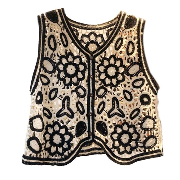 Gilets pour femmes Boho Femmes Crochet Tricot Gilet Gilet Vintage Coloré Motif Floral Cardigan Sans Manches pour Veste Hippie V-Neck Crop 230808