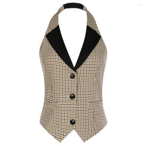 Damesvesten BP Dames Vintage Vest Contrasterende kleur Notch Revers Single Breasted Halterneck Vest Button Down Chic A30