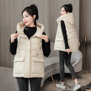 Gilets pour femmes brillant soie vers le bas coton gilet femmes court coréen lâche à capuche automne hiver sans manches coton rembourré gilet veste femme 221202