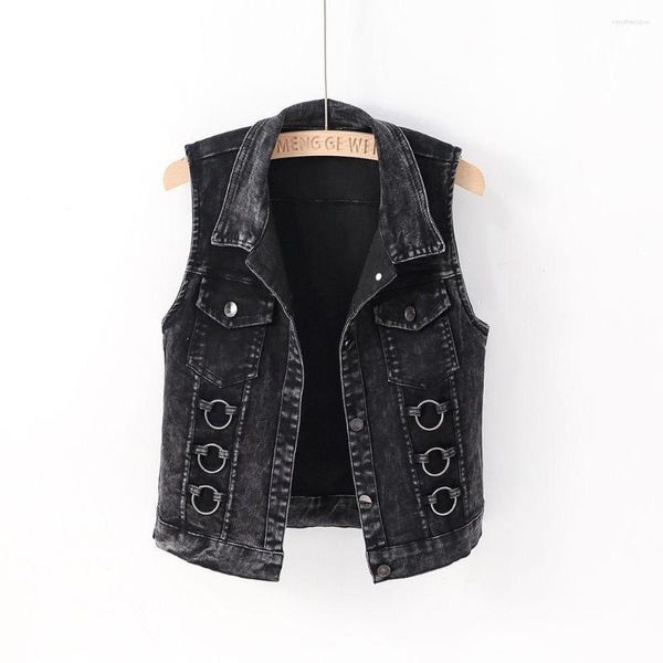 Gilets pour femmes Boutons Denim Femmes Cardigan sans manches Printemps Automne Chemisier court à lacets Jeans Gilet Blanc Noir Y2k Streetwear