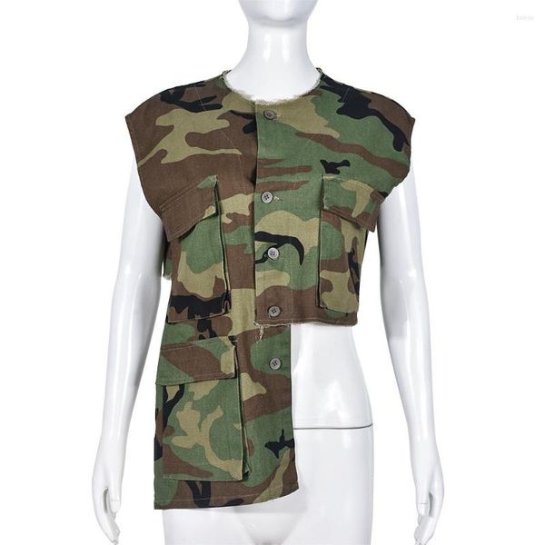 Femmes gilets Camouflage Sexy irrégulière femmes haut court 2023 mode Y2K Streetwear été sans manches avec poches femmes chemises