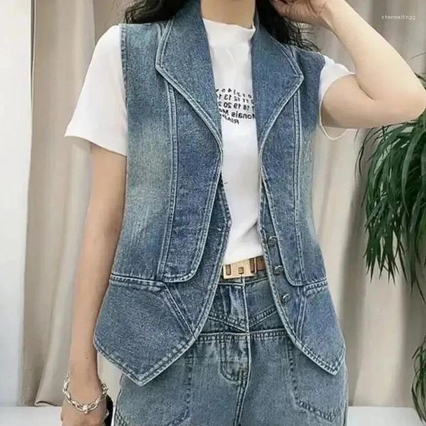 Gilets pour femmes Casual Femme Tops Femmes Denim Gilet Printemps Automne Vêtements Veste sans manches Veste à simple boutonnage Gilets courts Col en V Bleu 5XL