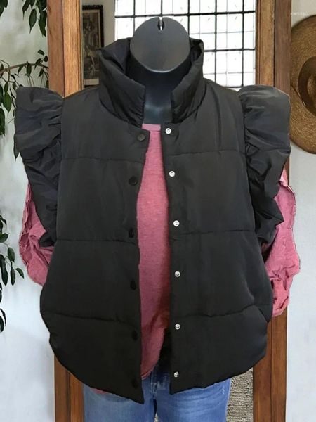 Chalecos de mujer, chaleco acolchado informal con volantes, chaleco acolchado con botones a presión para mujer, chaquetas sin mangas de invierno, prendas de vestir con bolsillos