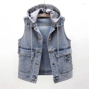 Gilets pour femmes Casual Slim Amovible Denim Gilet Femmes Gilet Court Grande Poche Veste Sans Manches Automne Vintage Jeans Femme