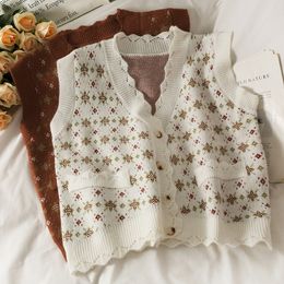 Damesvesten Chaleco Mujer Autumn V Hals Floral Sweater Vest Dames Mouwloze zoete retro Koreaanse Jacquard Plant Flower Cardigan Knit Coat 230322