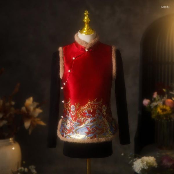 Gilets pour femmes Style chinois élégant rétro col montant Qipao hauts Tang costume gilet femmes Vintage rouge Cheongsam gilet manteau vestes orientales