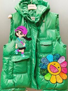 Gilets pour femmes Gilet à capuche rembourré en coton à paillettes, vert d'hiver, manteau en coton épais pour femmes, Gilet bouffant, Gilet matelassé pour femmes 231114