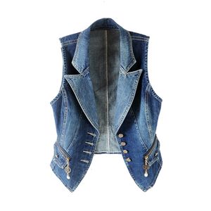 Gilets pour femmes bleu foncé sans manches en jean débardeur femmes automne ensemble décolleté denim placage décontracté à manches courtes veste femmes taille ultra mince jean femmes 230329