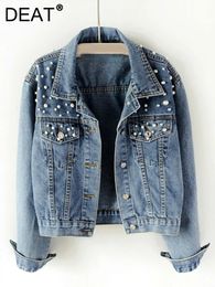 Coletes femininos DEAT entrega rápida outono moda feminina jaqueta jeans manga completa solta botão pérolas lapela curta selvagem casual ap446 231109