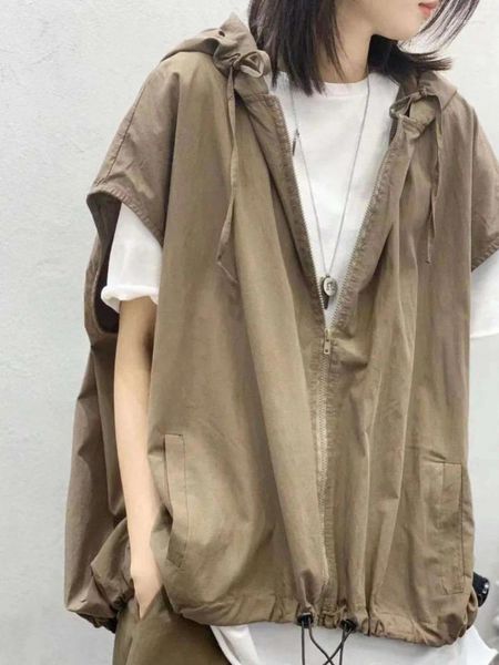 Gilets pour femmes Deeptown Harajuku capuche sans manches femmes vintage hip hop fermeture éclair surdimensionné gilet cargo style japonais vestes minces décontractées
