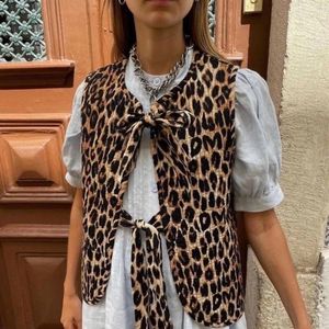 Damesvesten Deeptown Leopard Bow Women Vest Animal Print Coquette Y2K Fashion V-Neck Lace Up 2024 Summer Tops Chic Mouwess Female
