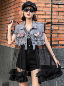 Gilets pour femmes Panneau en denim Gilet sans manches Tendance de la mode Gris foncé Hauts en maille Rivet Paillettes Chic Veste à col rabattu 2023 Vêtements d'été