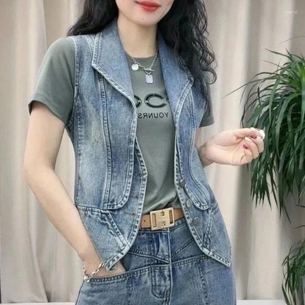 Gilets en Denim pour femmes, gilet d'été à la mode, Vintage, coupe cintrée, manteau en jean, veste coréenne sans manches, vêtements tendance