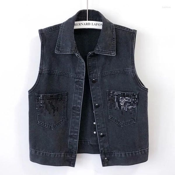 Chalecos de mujer Chaleco de mezclilla para mujer Jeans Veste Femme Casual Sin mangas Chaqueta corta negra Bolsillo de un solo pecho Chaleco femenino Abrigo