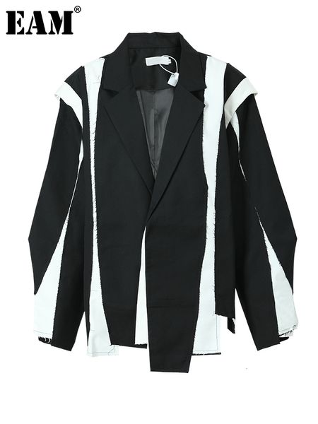 Chalecos de mujer EAM Mujeres Negro Bloque de color irregular Tamaño grande Blazer Solapa Chaqueta de manga larga Moda Primavera Otoño 2023 1DF3080 230506