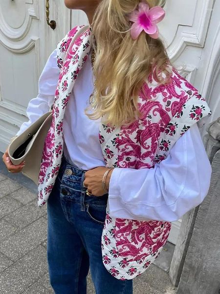 Gilet des femmes élégant rose fleur imprimé coton gilet femme sweet swevel nevel wilgan gain 2024 printemps lady vintage high streetwear