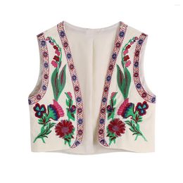 Gilets pour femmes Style ethnique châle rétro vêtements d'extérieur à fleurs gilet court veste Vintage fleur broderie sans manches ample décontracté