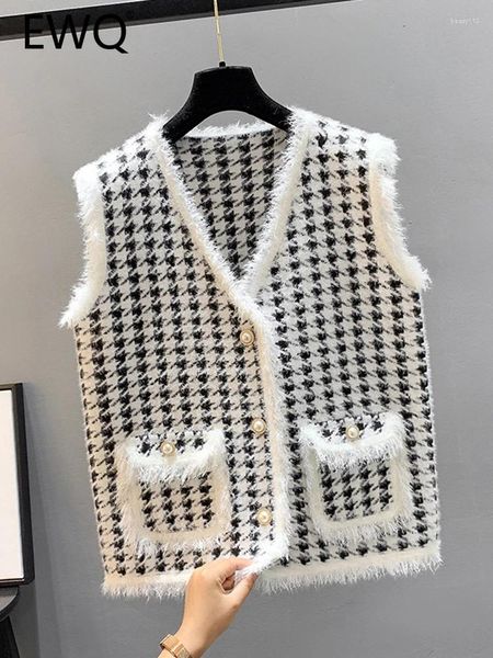 Gilets pour femmes EWQ Style doux gilet simple boutonnage Plaid Patchwork col en v Flash contraste couleur femme automne 2024 27SN2998