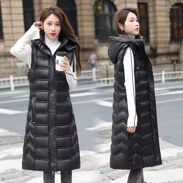 Gilets pour femmes Mode Noir Long Femme Gilet Coréen Automne Manteau Hiver À Capuche Veste Sans Manches Chaud Gilet Imperméable 2024