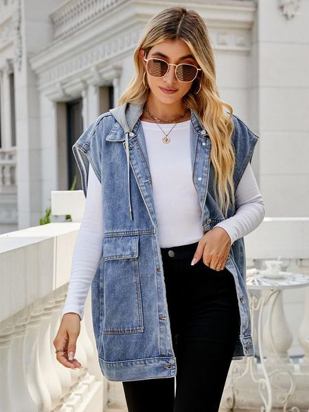 Gilets pour femmes Mode Denim Gilet pour femmes Casual Sans manches à capuche Jeans Veste Femme 2023 Lâche Long Manteau Street Hipster Vêtements