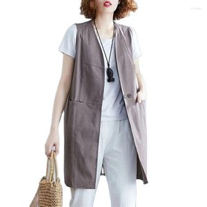 Gilets pour femmes, Design de mode, gilet sans manches, col en v, mi-long, veste en lin élégante, été automne 2023