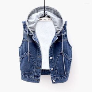 Chalecos de mujer Moda con capucha Denim Mujeres Plus Terciopelo Corto Chaqueta sin mangas suelta Estilo coreano Chaleco casual Top para mujer Jean Chaleco