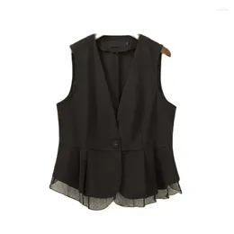 Chalecos de mujer Moda Versión coreana Chaleco Chaleco femenino 1 botón Gasa negra Elegante Verano Otoño Chaqueta delgada Top 2024