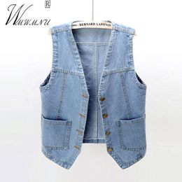 Dames Vesten Mode V-hals Denim Vesten Vrouwen Lente Zomer Korte Mouwloze Jas Casual Chaleco Single-Breasted Oversized Jean Vest 230503