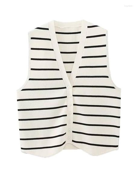 Gilets pour femmes Mode Blanc Noir Rayé Pull Tricoté Cardigan Femmes Col V Sans Manches Tops Casual Gilet Court Femme T-shirt