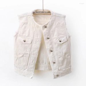 Gilets pour femmes Mode Blanc Effiloché O Cou Poche Denim Gilet Femmes Gilet Cowboy Veste Sans Manches Style Coréen Mince Court Jeans Femme