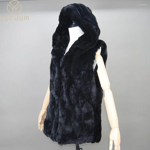 Gilets pour femmes Mode Femmes Manteau de fourrure à capuche Beige Rex Gilet sans manches avec capuche Gilet d'hiver réel