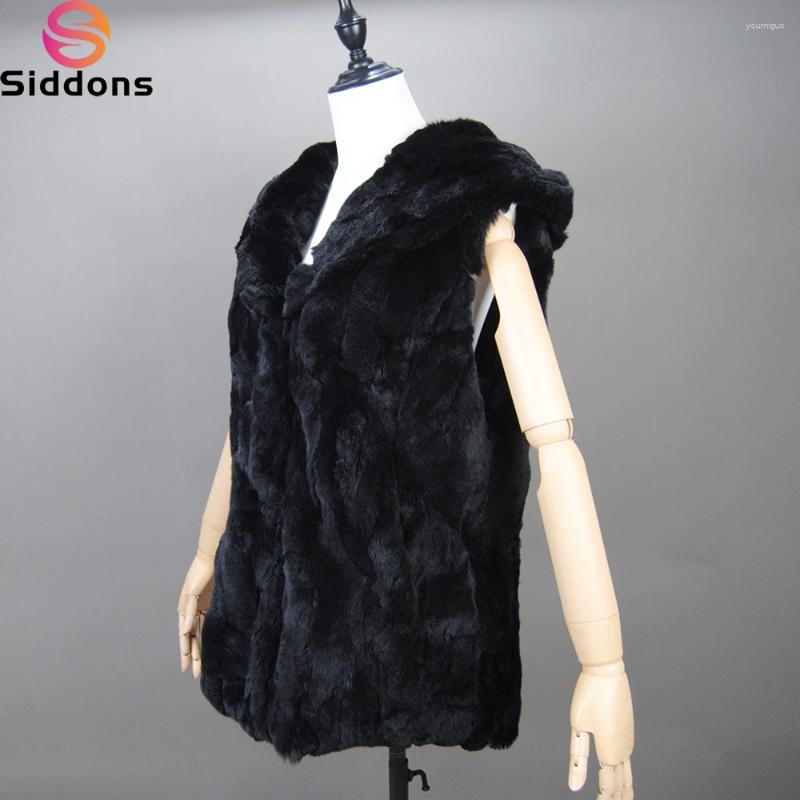 Women's Vests Fashion Women Hooded Fur Coat Beige Rex Vest Sleeveless With Hood Winter Waistcoat Real