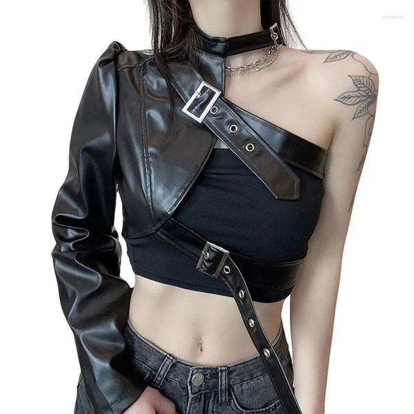 Vêtes pour femmes mode Femmes Punk Style Crops Tops Cool Single Single à manches longues Courte de cuir Connecture Connecture Streetwear