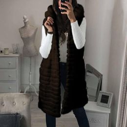 Gilets pour femmes Veste à capuche sans manches en fausse fourrure Veste dames automne et hiver vêtements d'extérieur chauds pour femmes couleur unie gilet long